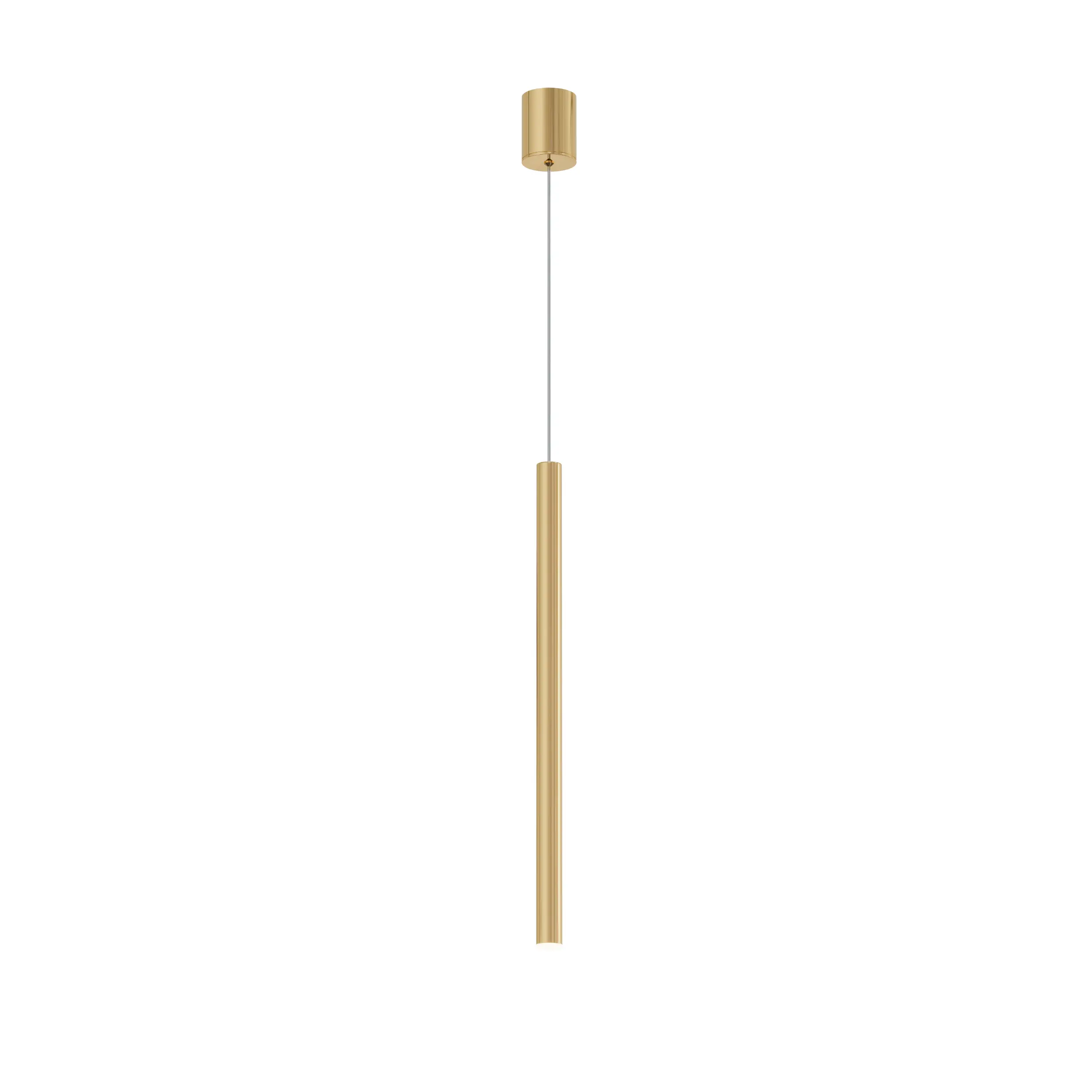 Lampa wisząca Elin w kolorze złotym, z pojedynczym źródłem światła LED 3W. Prosty, cylindryczny kształt zwisający na cienkim kablu. Ujęcie frontalne, na białym tle, podkreślające minimalistyczny design i elegancki wygląd. IP44, przeznaczona do wnętrz.