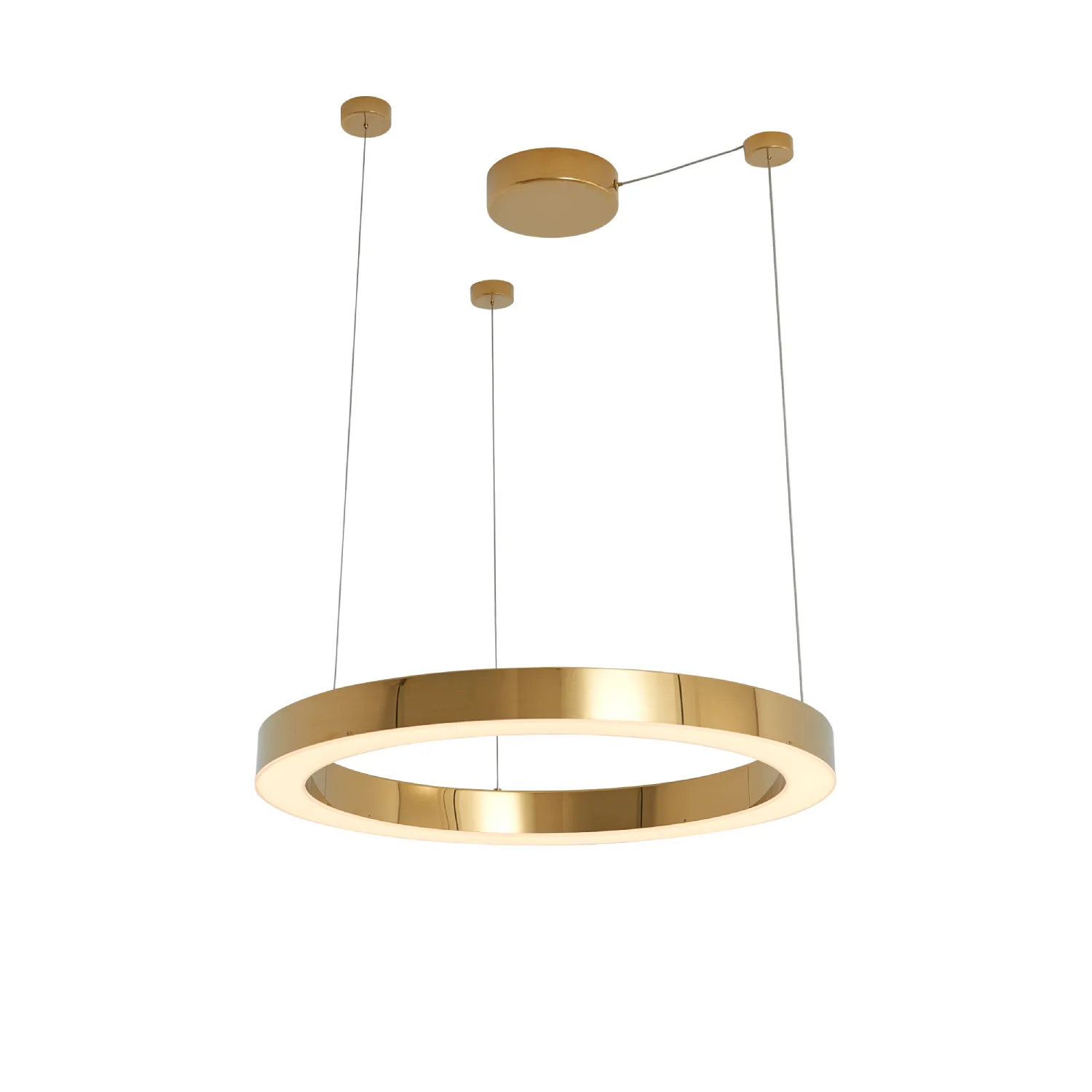 Lampa wisząca Aurum D60 o złotej, okrągłej konstrukcji z wbudowanym źródłem LED 27W. Zawieszona na cienkich linkach, z okrągłym stelażem sufitowym. Światło rozprasza się przez delikatnie podświetloną krawędź.