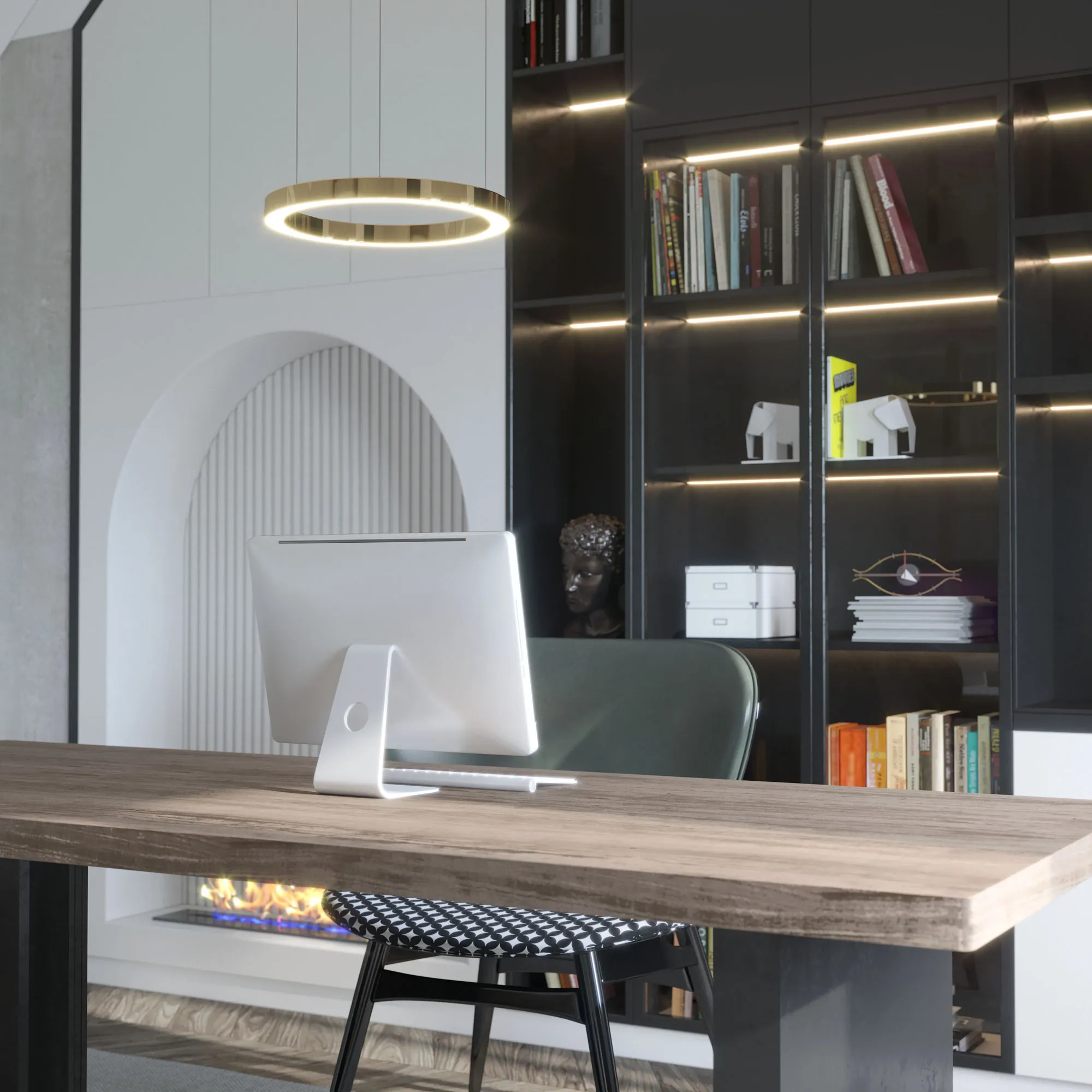 Złota lampa wisząca Aurum D60 z jednym źródłem LED o mocy 27W, okrągła, zawieszona nad drewnianym biurkiem. W tle widoczna nowoczesna biblioteka z książkami oraz dekoracyjnymi elementami.