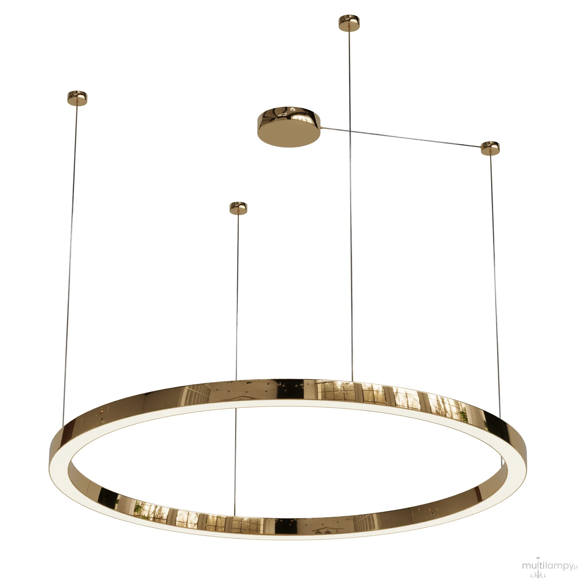 Złota lampa wisząca Aurum D120 z pojedynczym źródłem światła LED, o okrągłym kształcie. Zawieszona na cienkich przewodach, z metalowym mocowaniem sufitowym. Gładka, błyszcząca powierzchnia odbijająca światło.