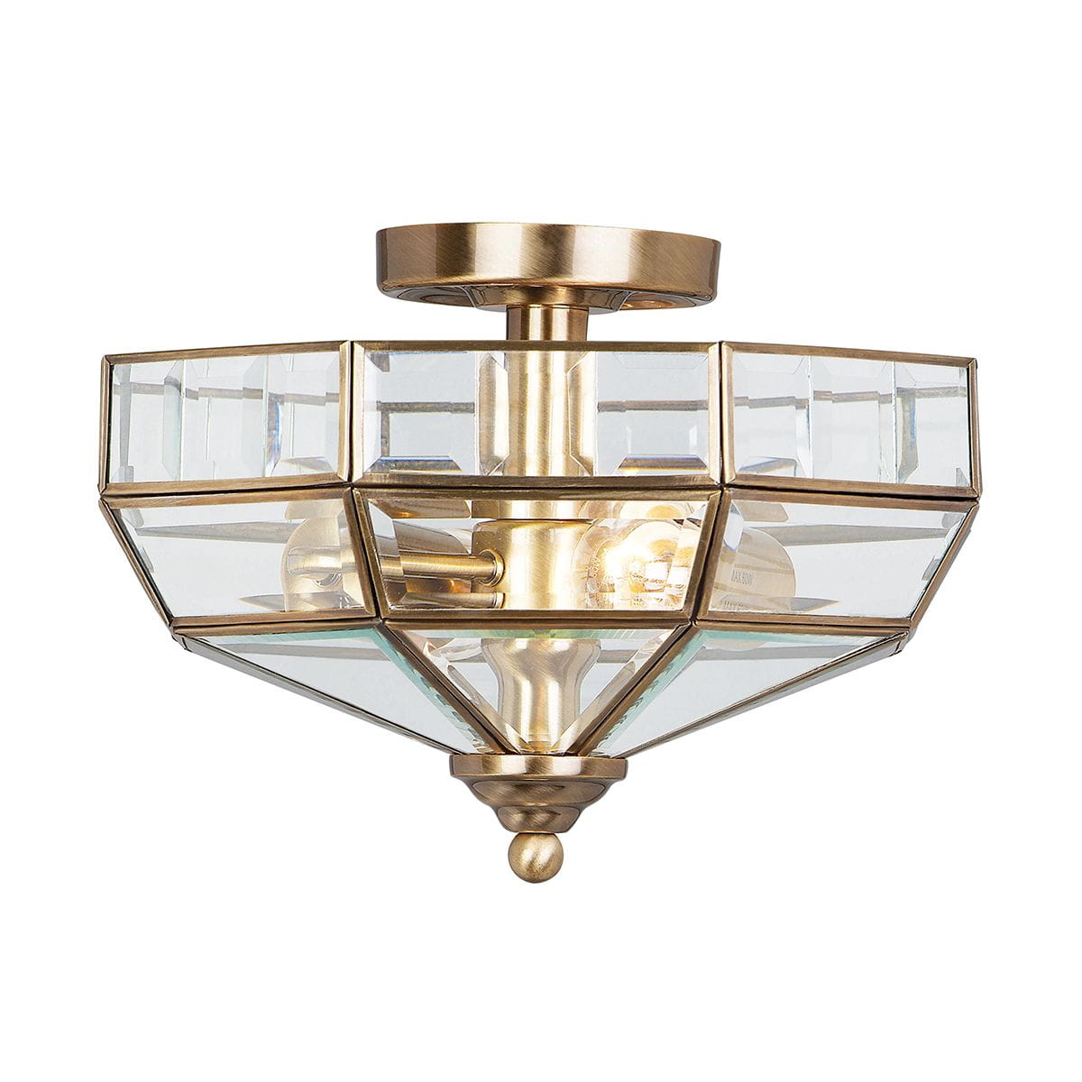 Lampa sufitowa Old Park z antycznego mosiądzu, z przezroczystymi szklanymi panelami w kształcie diamentu, z dwoma miejscami na żarówki E27. Ujęcie z dołu, ukazujące elegancki design oraz metalowe wykończenie.