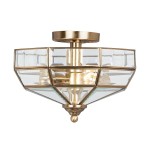 Lampa sufitowa Old Park z antycznego mosiądzu, z przezroczystymi szklanymi panelami w kształcie diamentu, z dwoma miejscami na żarówki E27. Ujęcie z dołu, ukazujące elegancki design oraz metalowe wykończenie.