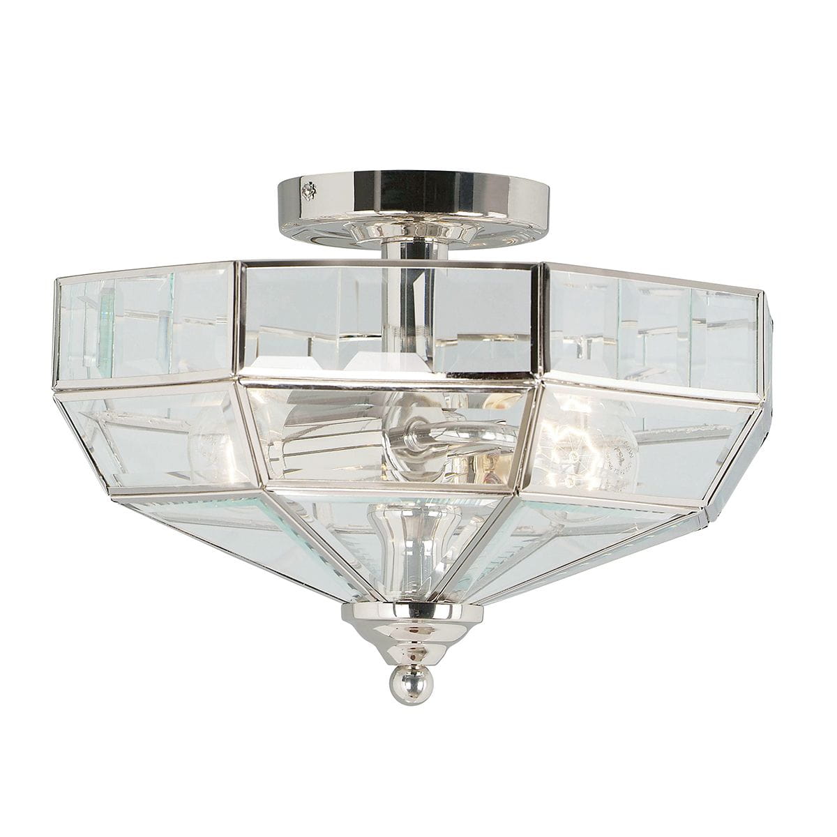 Lampa sufitowa Old Park w polerowanym niklu z kloszem w formie sześciokąta, wykonana z przezroczystego szkła, z miejscem na dwie żarówki E27. Klosz ozdobiony geometrycznymi wycięciami, wisząca kula u dołu. Monterowana do sufitu.