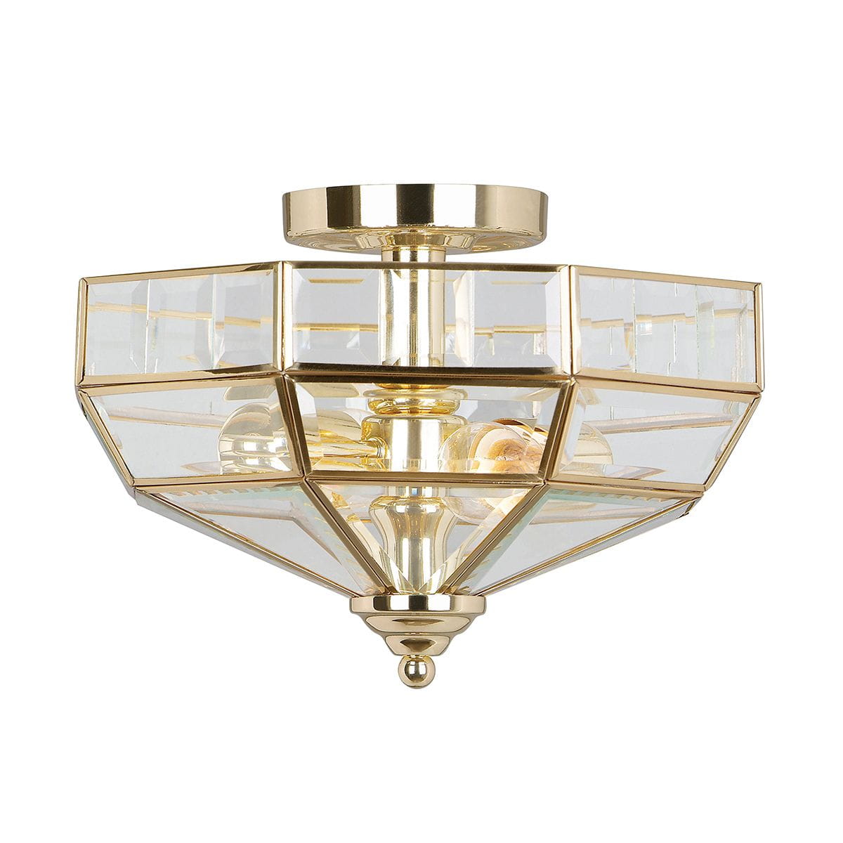 Lampa sufitowa Old Park z polerowanego mosiądzu, z przezroczystymi panelami. Ośmiokątna konstrukcja z dwoma oprawami E27, montowana sufitowo. Złote detale i elegancki design. Wymiary: średnica i wysokość niewidoczne.
