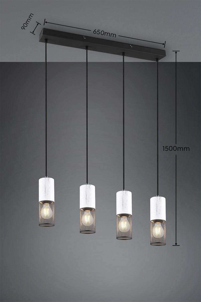 Lampa wisząca Tosh z 4 źródłami światła E27 w kolorze czarnym i antycznej bieli. Posiada prostokątny, czarny stelaż oraz cztery cylindryczne klosze z siatką, zawieszone na cienkich linkach. Wymiary stelaża: 650mm x 90mm, długość zawieszenia: 1500mm.