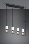 Lampa wisząca Tosh z 4 źródłami światła E27 w kolorze czarnym i antycznej bieli. Posiada prostokątny, czarny stelaż oraz cztery cylindryczne klosze z siatką, zawieszone na cienkich linkach. Wymiary stelaża: 650mm x 90mm, długość zawieszenia: 1500mm.