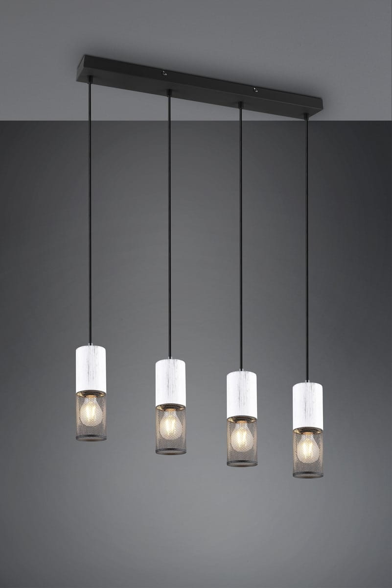 Lampa wisząca Tosh 4xE27 w kolorze czarnym i antycznej bieli. Cztery cylindryczne klosze z siatki, zawieszone na cienkich linkach, przymocowane do prostokątnej podstawy. Klosze mają białe górne części i przezroczyste dolne, prezentujące żarówki.