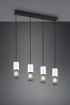 Lampa wisząca Tosh 4xE27 w kolorze czarnym i antycznej bieli. Cztery cylindryczne klosze z siatki, zawieszone na cienkich linkach, przymocowane do prostokątnej podstawy. Klosze mają białe górne części i przezroczyste dolne, prezentujące żarówki.