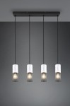 Lampa wisząca Tosh z czterema źródłami światła E27, zawieszona na czarnym stelażu. Każde źródło ma metalową klosz w kolorze antycznej bieli z siatkowym wykończeniem. Klosze są w równych odstępach, zawieszone na cienkich czarnych linkach.