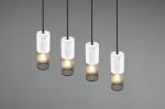 Czarna lampa wisząca Tosh z czterema źródłami światła E27. Kształt cylindryczny z białą, teksturowaną górą i siatkowym kloszem, wisi na cienkich linkach. Tło szare, co podkreśla elegancki design lampy.