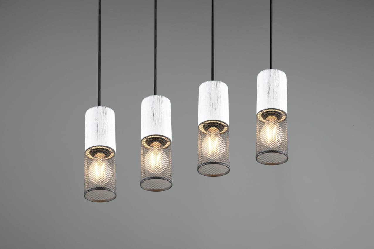Lampa wisząca Tosh z czterema źródłami światła E27, w kolorze czarnym i antycznej bieli. Posiada cylindryczne klosze z metalowej siatki i białą, teksturowaną górną część. Zawieszona na cienkich czarnych linkach, prezentuje nowoczesny styl.