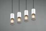 Lampa wisząca Tosh z czterema źródłami światła E27, w kolorze czarnym i antycznej bieli. Posiada cylindryczne klosze z metalowej siatki i białą, teksturowaną górną część. Zawieszona na cienkich czarnych linkach, prezentuje nowoczesny styl.