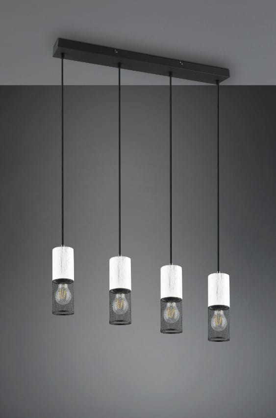 Lampa wisząca Tosh z czterema oprawami E27, zawieszona na czarnym stelażu. Każda oprawa ma cylindryczny kształt z białą, teksturowaną górą oraz siatką z metalu. Produkt wisi na czarnych linkach, na tle szarej ściany.