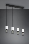 Lampa wisząca Tosh z czterema oprawami E27, zawieszona na czarnym stelażu. Każda oprawa ma cylindryczny kształt z białą, teksturowaną górą oraz siatką z metalu. Produkt wisi na czarnych linkach, na tle szarej ściany.