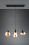 Lampa wisząca Lumina z trzema kloszami E14, czarna konstrukcja z bursztynowymi szklanymi kloszami w różnych kształtach. Zawieszona na cienkich linkach, idealna do nowoczesnych wnętrz. Tło w odcieniu szarości.