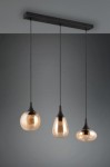 Lampa wisząca Lumina z trzema kloszami E14 w kolorze czarnym i bursztynowym. Klosze mają różne kształty: okrągły, gruszkowaty i cylindryczny. Zawieszona na czarnych linkach, montowana na prostokątnej podstawie. Tło szare.
