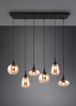 Lampa wisząca Lumina z sześcioma żarówkami E14, w kolorze czarnym i bursztynowym. Oświetlenie w kształcie kropli, zawieszone na cienkich linkach, montowane na prostokątnej podstawie. Tło w ciemnym odcieniu.