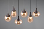 Lampa wisząca Lumina z sześcioma kloszami E14 w kształcie kropli, z czarnymi metalowymi elementami i bursztynowymi szklanymi kloszami. Produkt zawieszony na cienkich linkach, na jednolitym szarym tle.