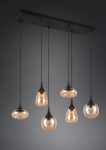 Lampa wisząca Lumina z sześcioma kloszami E14 w kolorze czarnym i bursztynowym. Klosze o różnych kształtach, zawieszone na cienkich linkach, montowane na prostokątnej podsufitce. Tło ciemne, minimalistyczne.