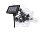 Girlanda ogrodowa solarna z 30 kulkami LED, długość 7,7 m. Czarny przewód z przezroczystymi kulkami. Panel słoneczny z podstawką do wbicia w ziemię. Produkt ułożony na białym tle, widoczny w całości.