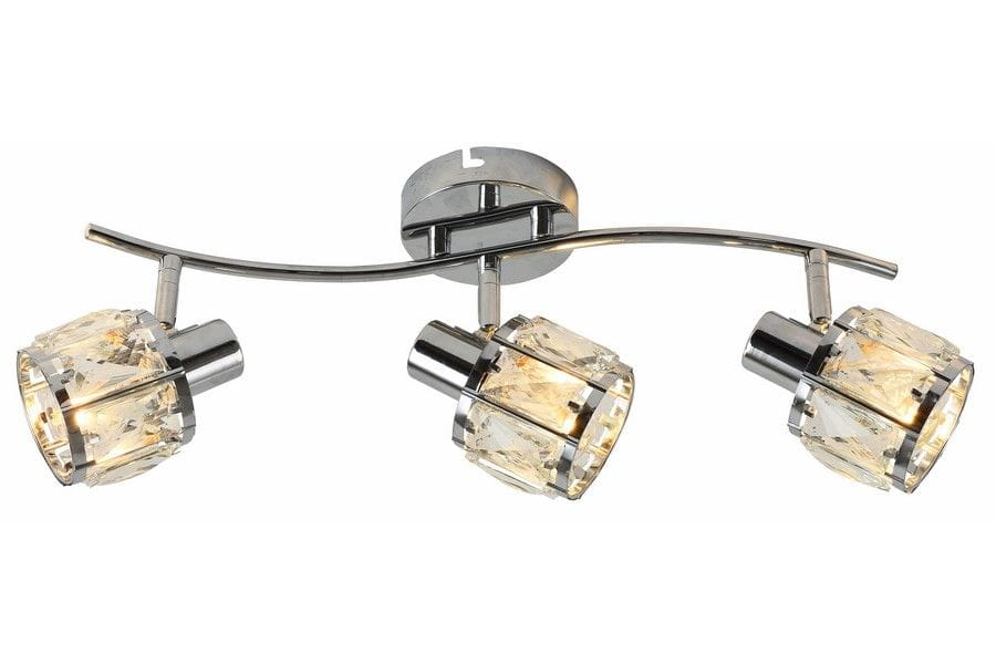 Lampa sufitowa Crownie z trzema reflektorami E14, chromowana, z eleganckimi kloszami w kształcie diamentów. Ułożona na zakrzywionej belce, montowana do sufitu, idealna do nowoczesnych wnętrz.