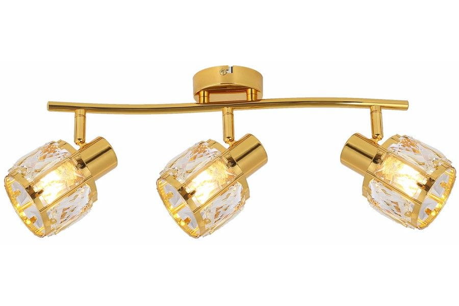 Lampa sufitowa Crownie z trzema reflektorami E14, w kolorze złotym. Każdy reflektor ma szklany klosz o teksturowanej powierzchni, zamontowany na łuku. Całość na prostokątnej podstawie, idealna do nowoczesnych wnętrz.