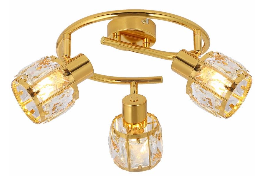 Lampa sufitowa Crownie w kolorze złotym z trzema oprawami na żarówki E14. Szklane klosze z kryształowym wzorem, zamocowane na okrągłej podstawie. Ujęcie frontalne, produkt zamontowany na suficie.