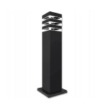 Lampa stojąca Malibu H50 w kształcie kwadratowego słupka, czarna, z miejscem na żarówkę E27. Górna część z przezroczystymi akcentami. Ujęcie z boku, prezentujące efektowny design i solidną podstawę. Idealna do ogrodu lub na taras.