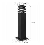 Lampa stojąca Malibu H50 w kolorze czarnym, kwadratowa, o wymiarach 51 cm wysokości i 14 cm podstawy. Górna część z przeźroczystymi elementami, z miejscem na żarówkę E27. Ujęcie z boku, pokazujące proporcje i detale konstrukcji.