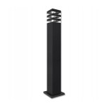 Lampa stojąca Malibu H80 w formie kwadratowego słupka, wykonana w kolorze czarnym, z jedną oprawą E27 na górze. Posiada dekoracyjne, metalowe szczeliny w górnej części, zapewniające nowoczesny wygląd. Ustawiona pionowo na stabilnej podstawie.