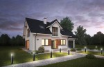 Lampa stojąca Malibu H80 w kolorze czarnym, kwadratowa, z jedną oprawą E27, umieszczona na oświetlonym podjeździe przed domem. Otoczona zielonymi krzewami, w zestawieniu z innymi lampami ogrodowymi. W tle widoczny zachód słońca.