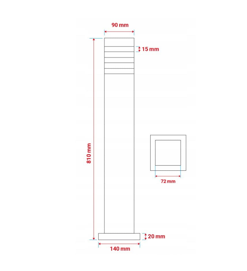 Czarna lampa stojąca słupek ogrodowy Malibu H80 z pojedynczym gniazdem E27. Kwadratowa podstawa o wymiarach 140 mm, wysokość 810 mm, szerokość 90 mm. Górna część z poziomymi szczelinami. Przeznaczona do użytku zewnętrznego.