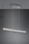 Lampa wisząca Helios z aluminium, 1xLED/28W. Prosty, prostokątny kształt o wymiarach 1000mm x 85mm, zawieszona na cienkich linkach o długości 1600mm. Wykończenie w matowym aluminium, z delikatnym podświetleniem. Tło w odcieniach szarości.