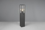 Stojąca lampa ogrodowa Garonne H80 w kolorze antracytowym z czujnikiem ruchu. Posiada prostokątną podstawę i przezroczystą osłonę na żarówkę E27. Produkt ustawiony na płaskiej powierzchni, z widocznym włącznikiem na boku.