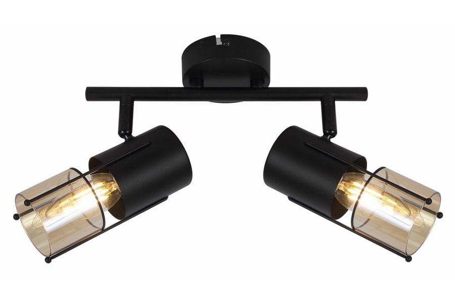 Lampa sufitowa Scottie z dwoma reflektorami, czarna z bursztynowymi kloszami. Ujęcie z boku, montowana na suficie. Klosze o cylindrycznym kształcie z przezroczystym wykończeniem, metalowe detale. Idealna do oświetlenia wnętrz.