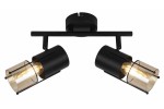 Lampa sufitowa Scottie z dwoma reflektorami, czarna z bursztynowymi kloszami. Ujęcie z boku, montowana na suficie. Klosze o cylindrycznym kształcie z przezroczystym wykończeniem, metalowe detale. Idealna do oświetlenia wnętrz.