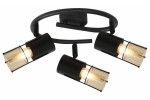 Lampa sufitowa Scottie z trzema punktami świetlnymi, w kolorze czarnym z bursztynowymi kloszami. Konstrukcja metalowa, z okrągłym mocowaniem. Klosze cylindryczne, transparentne z metalowymi detalami, umieszczone na elastycznym ramieniu.
