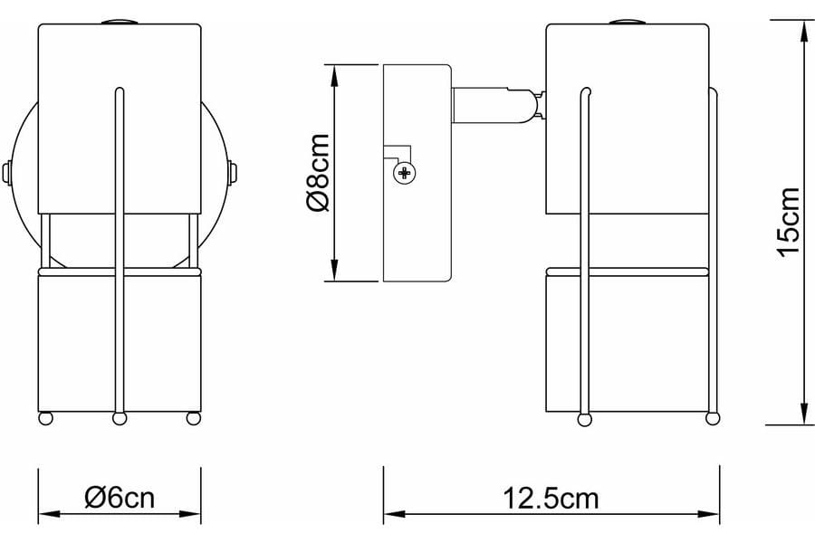 Kinkiet Scottie w kolorze czarnym z bursztynowymi detalami. Wymiary: wysokość 15 cm, średnica 8 cm. Z przodu widoczna okrągła lampa z dwoma mocowaniami. Prosty, nowoczesny design, idealny do różnych aranżacji wnętrz.