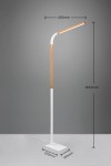 Lampa podłogowa Norris z białą obudową i jasnym drewnem. Stojąca konstrukcja o wysokości 1695 mm, szerokości 435 mm i głębokości 150 mm. Zintegrowane oświetlenie LED 11W. Prosty, nowoczesny design na szarej tle.