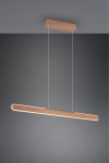 Lampa wisząca Helios w kolorze brązowym, z jedną diodą LED o mocy 28W. Posiada prostokątny, smukły kształt oraz delikatne, zaokrąglone krawędzie. Zawieszona na cienkich linkach, montowana do sufitu, z minimalistycznym designem.