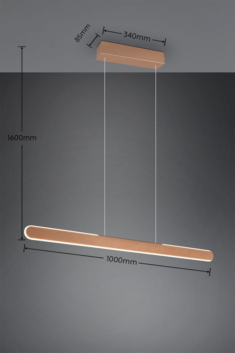 Lampa wisząca Helios w brązowym kolorze, z jedną diodą LED o mocy 28W. Posiada prostokątny kształt, wymiary 1000mm x 85mm x 340mm, zawieszona na cienkich linkach, do wysokości 1600mm. Idealna do nowoczesnych wnętrz.