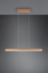 Lampa wisząca Helios w kolorze brązowym, z jedną diodą LED o mocy 28W. Posiada prostokątną, płaską oprawę, zawieszoną na cienkich linkach, zamontowaną na prostokątnym podwieszeniu w kolorze brązowym. Tło ciemnoszare.