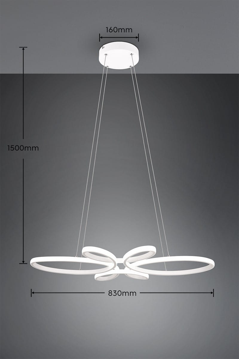 Lampa wisząca Fly w białym kolorze z jedną żarówką LED o mocy 32W i temperaturze barwowej 4000K. Posiada dwa owalne elementy świetlne połączone w kształcie kokardy. Wymiary: średnica 830 mm, wysokość zawieszenia 1500 mm, wykończenie matowe.
