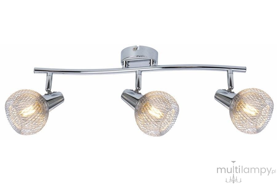 Loretto lampa sufitowa (spot) z trzema głowicami, wykonana z chromowanego metalu, z siatkowym wykończeniem kloszy. Ułożona na płaskiej podstawie, z lekko wygiętą rurą. Wymaga trzech żarówek E14. Jasne tło podkreśla nowoczesny design.