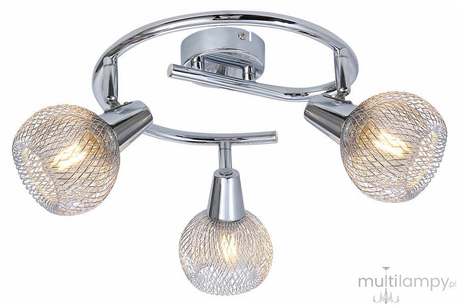Lampa sufitowa Loretto z trzema reflektorami E14, w chromowanym wykończeniu. Reflektory o okrągłym kształcie z teksturowaną siateczką, zamontowane na okrągłej podstawie. Ujęcie z dołu, ukazujące wszystkie elementy.