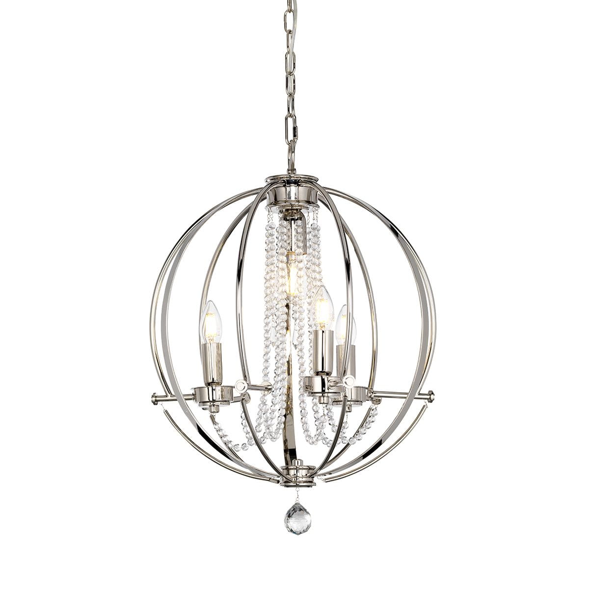 Lampa wisząca Cassie w chromie, z okrągłą metalową konstrukcją. Posiada trzy źródła światła E14 oraz jedno E27, ozdobiona kryształowymi koralikami i wiszącym kryształem. Zawieszona na łańcuchu, prezentuje elegancki design.