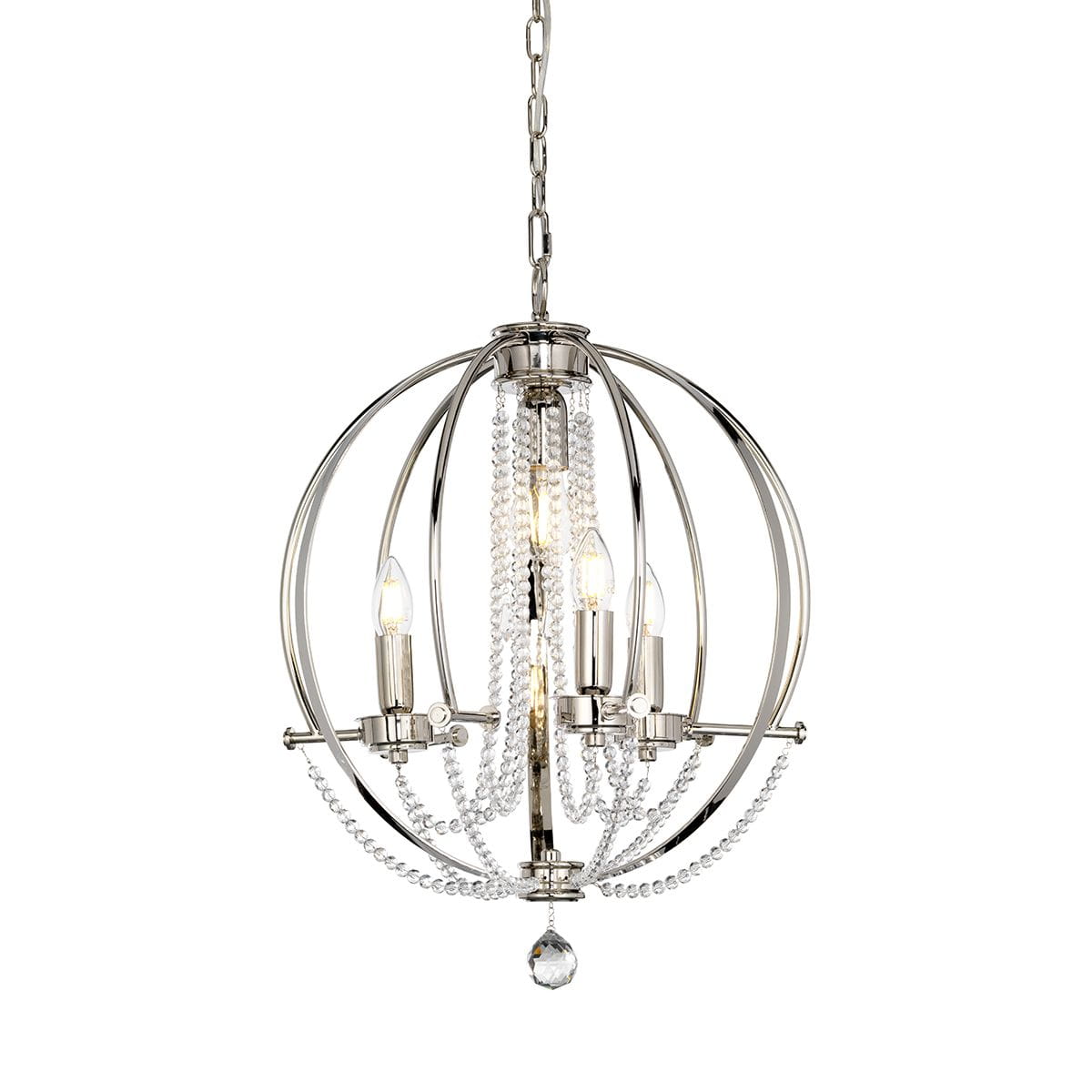 Lampa wisząca Cassie z chromowanym wykończeniem, posiadająca trzy źródła światła E14 oraz jedno E27. Okrągła konstrukcja z metalowymi prętami i dekoracyjnymi perełkami, z kryształowym detalem na dole. Ujęcie frontalne, wisząca na łańcuchu.