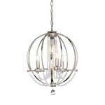 Lampa wisząca Cassie z chromowanym wykończeniem, posiadająca trzy źródła światła E14 oraz jedno E27. Okrągła konstrukcja z metalowymi prętami i dekoracyjnymi perełkami, z kryształowym detalem na dole. Ujęcie frontalne, wisząca na łańcuchu.