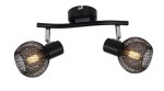 Lampa sufitowa Loretto z dwoma spotami, w kolorze czarnym, z metalowym, siatkowym kloszem. Ułożona poziomo, z mocowaniem sufitowym, z widocznymi żarówkami E14. Elegancki design, idealna do nowoczesnych wnętrz.