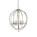 Lampa wisząca Cassie w kolorze polerowanego niklu, z sześcioma oprawami E14 i jedną E27. Okrągła konstrukcja z metalowych pierścieni i kryształowymi zdobieniami, zawieszona na łańcuszku. Widoczne żarówki w eleganckim układzie.